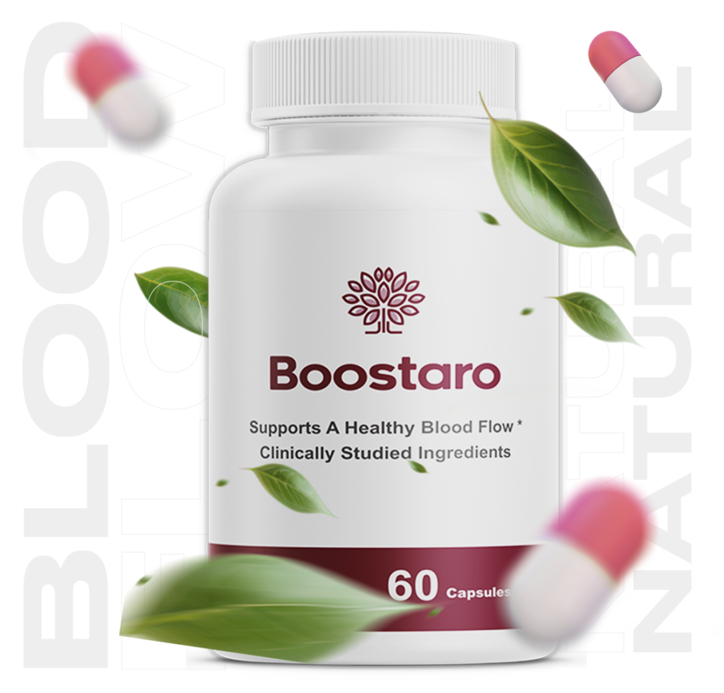 Boostaro male health supplement bottle on a white background, designed to support natural testosterone and energy levels